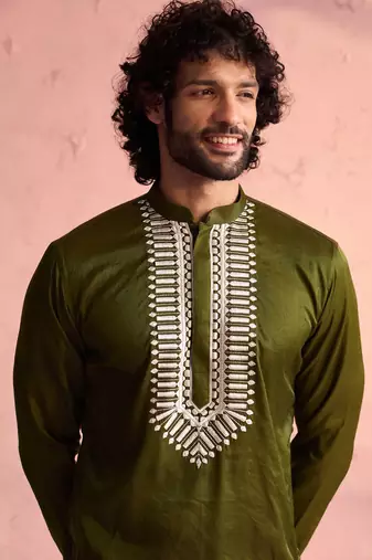 Mehendi Green Moonga Silk Kurta