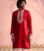 Men'S Red Moonga Silk Kurta