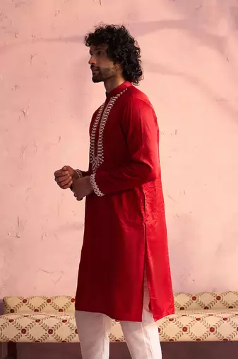 Red Moonga Silk Kurta