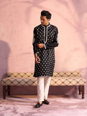 Black And Cream Moonga Silk Kurta 1