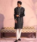 Black And Cream Moonga Silk Kurta