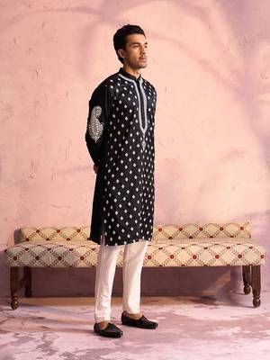 Black And Cream Moonga Silk Kurta 2