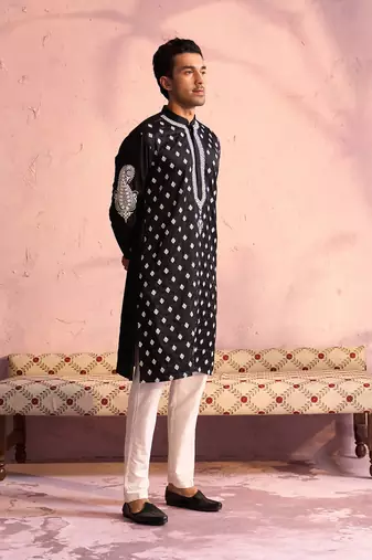 Black And Cream Moonga Silk Kurta