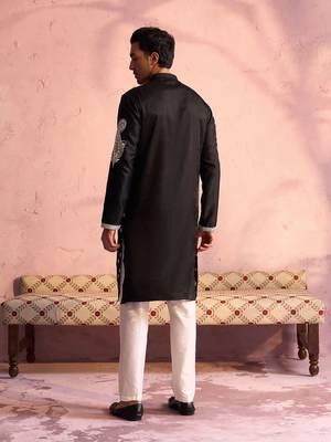 Black And Cream Moonga Silk Kurta 3
