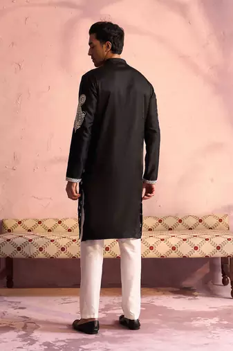 Black And Cream Moonga Silk Kurta