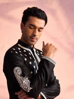 Black And Cream Moonga Silk Kurta 4