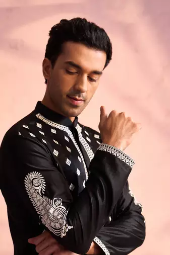Black And Cream Moonga Silk Kurta