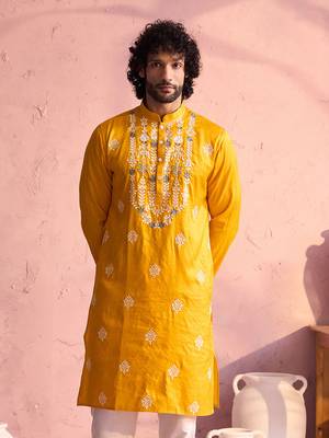 Yellow Moonga Silk Kurta 1