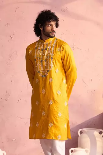 Yellow Moonga Silk Kurta