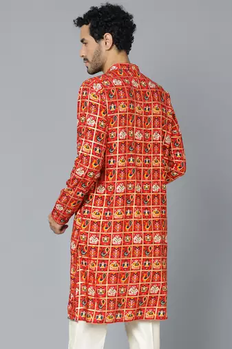 Men'S Red Rayon Kurta