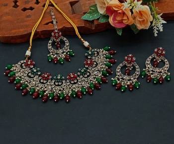 Indian bollywood tradtional gold plated bridal ad/cz choker wedding earring necklace jewellery set 1