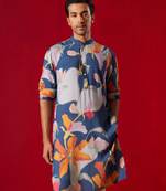 Blue Cotton Blend Multicolor Printed Kurta For Men's