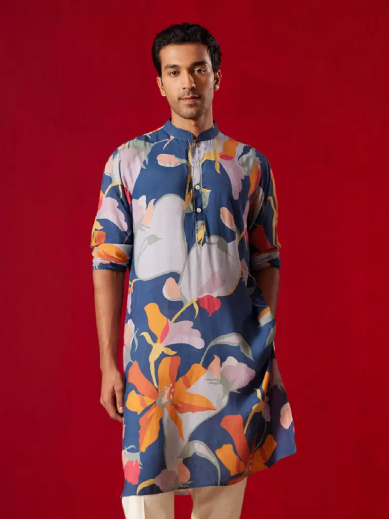 Blue Cotton Blend Multicolor Printed Kurta For Men's