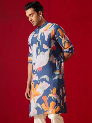 Blue Cotton Blend Multicolor Printed Kurta For Men's 2