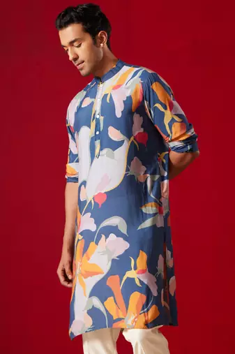 Blue Cotton Blend Multicolor Printed Kurta For Men's