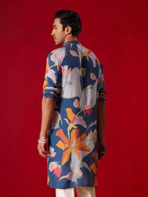 Blue Cotton Blend Multicolor Printed Kurta For Men's 3