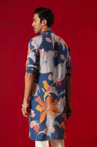 Blue Cotton Blend Multicolor Printed Kurta For Men's