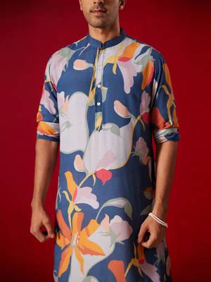 Blue Cotton Blend Multicolor Printed Kurta For Men's 4