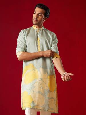 Mens Multi Color Base Yellow Cotton Blend Kurta 1