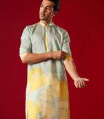 Mens Multi Color Base Yellow Cotton Blend Kurta
