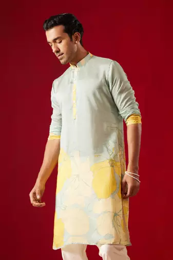 Mens Multi Color Base Yellow Cotton Blend Kurta