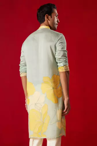 Mens Multi Color Base Yellow Cotton Blend Kurta