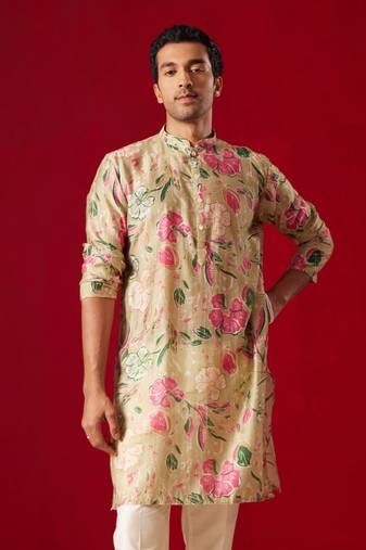 Men'S Multi Color Base Beige Cotton Blend Kurta