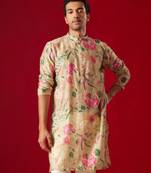 Men'S Multi Color Base Beige Cotton Blend Kurta
