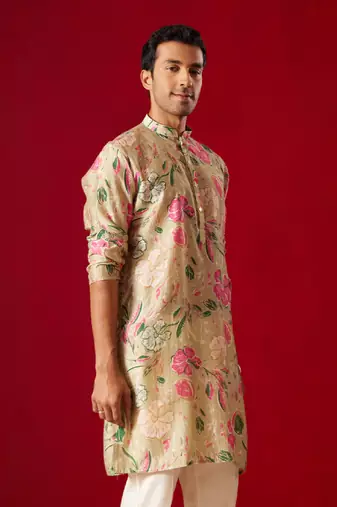 Multi Color Base Beige Cotton Blend Kurta