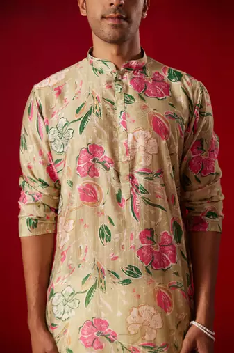 Multi Color Base Beige Cotton Blend Kurta