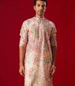 men's multi color base cream cotton blend kurta