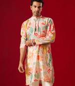 Men'S Multi Color Base Pink Cotton Blend Kurta