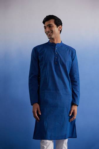Men'S Blue Pure Cotton Kurta