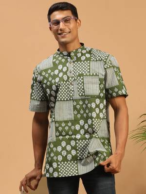 Men'S Green Cotton Short Kurta 1