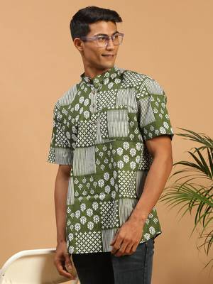 Men'S Green Cotton Short Kurta 2