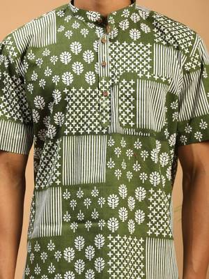 Men'S Green Cotton Short Kurta 4