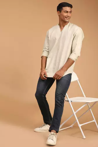 Men'S Cream Cotton Blend Short Kurta