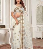 White Resham Zari Stone Embroidery Net Saree