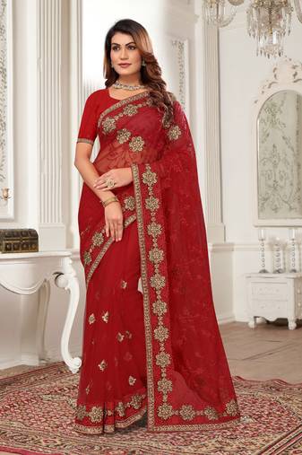 Red Resham Zari Stone Embroidery Net Saree