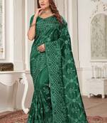 Green Resham Coding Embroidery Work Silk Saree