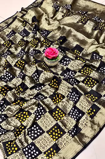 Koram Navy Blue Bandhej Silk With Krigi Bandhej And Zari Weaving Saree With Blouse For Women