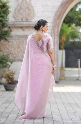 Lavender Organza Swarovski Saree With Unstitched Blouse Piece 2