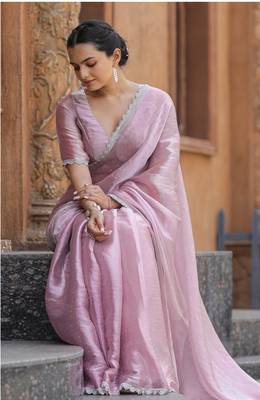 Lavender Organza Swarovski Saree With Unstitched Blouse Piece 4