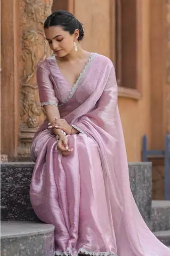 Lavender Organza Swarovski Saree With Unstitched Blouse Piece