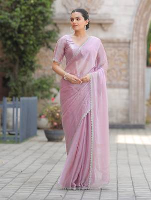 Lavender Organza Swarovski Saree With Unstitched Blouse Piece 5