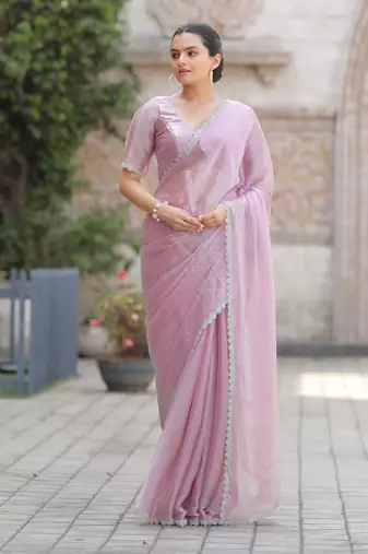 Lavender Organza Swarovski Saree With Unstitched Blouse Piece