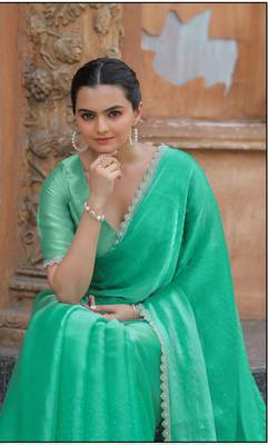 Sea Green Organza Swarovski Saree With Unstitched Blouse Piece 1
