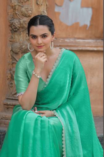 Sea Green Organza Swarovski Saree With Unstitched Blouse Piece