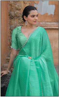 Sea Green Organza Swarovski Saree With Unstitched Blouse Piece 2
