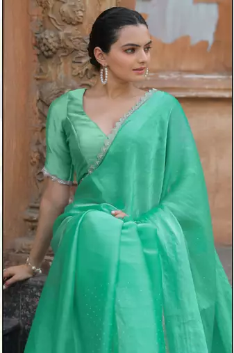 Sea Green Organza Swarovski Saree With Unstitched Blouse Piece